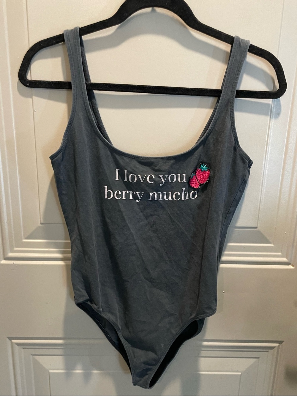 Bershka Charcoal Graphic Scoop-Neck Bodysuit with Strawberry Patch